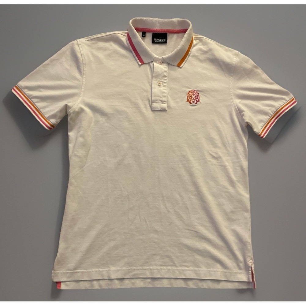 Maceoo Mens White Pique Polo Shirt Embroidered Lion Logo Striped Trim Large JBHS